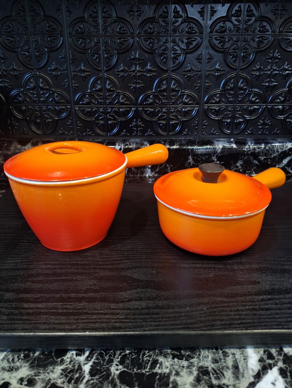 Pair Of Vintage Le Creuset Cast Iron Enamel Pots , Fondue Pot, Orange Flame